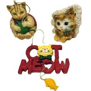 Cat Christmas Tree Ornament Lot X 3 One Vintage Ceramic 2 Resin Holiday Kitten
